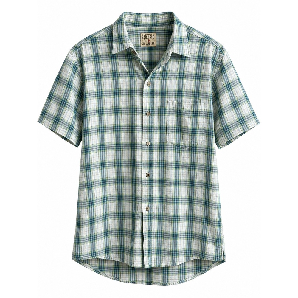 RedHead Brand Co Men's Large Green Blue Plaid Short Sleeve Button Down Shirt